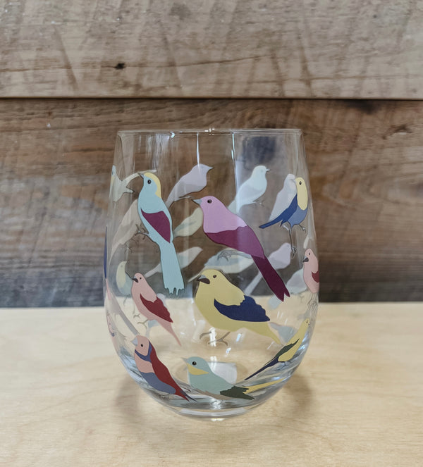 Pastel Birds Stemless Wine Glass